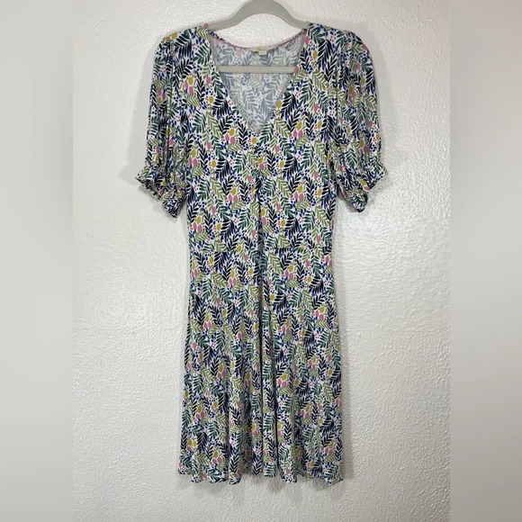 Boden V-Neck Jersey Dress Multi in Lemon Foliage Women’s Size 6R Summer Spring - Picture 1 of 14